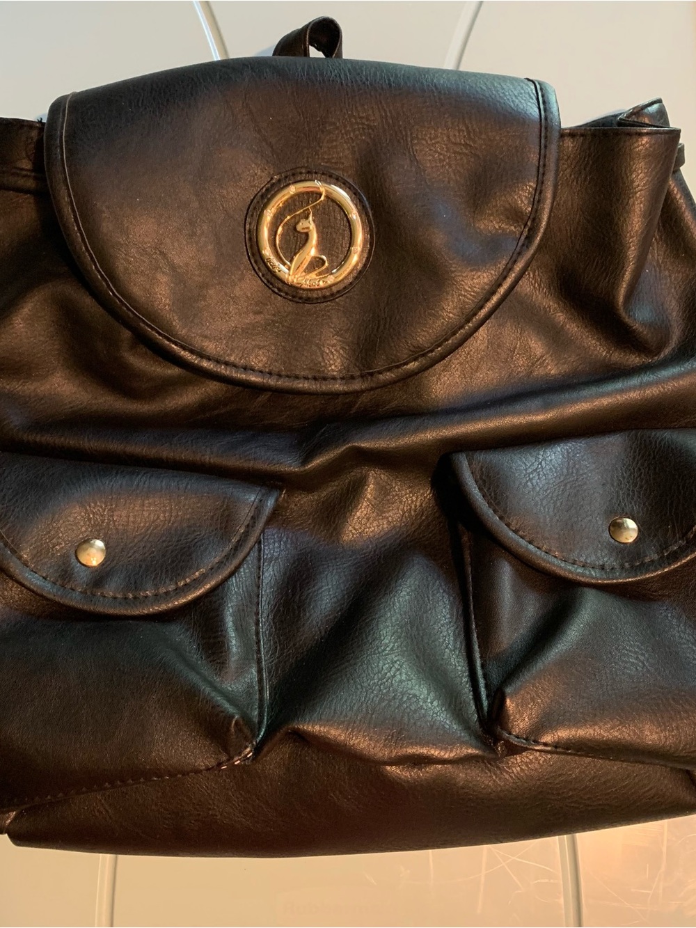 Baby Phat Black Faux Leather Backpack with Gold Emblem